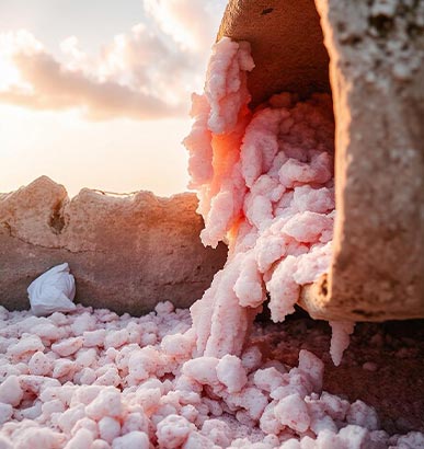 Close-up de la sal rosada en estado bruto, resaltando la pureza y los minerales en los cristales.